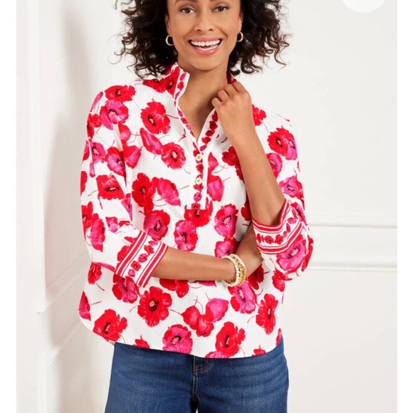 Talbots Womens Popover Blouse Poppy Red Blouse Size Medium Spring Vacation - Picture 3 of 8